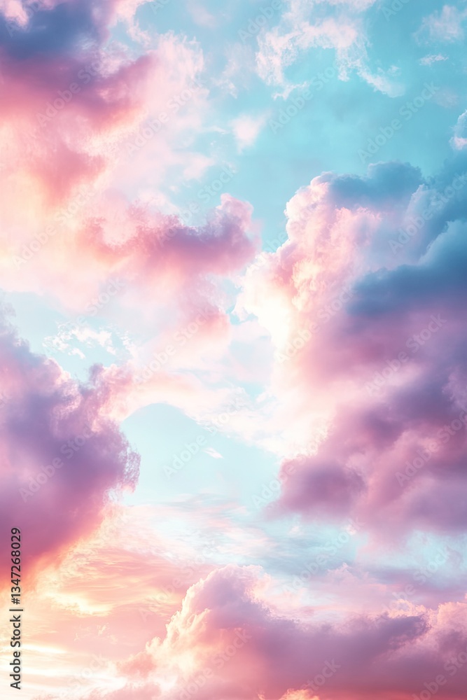 Pastel sky filled with fluffy clouds. A vibrant display of pink, peach, and blue hues. A beautiful, serene scene Pastel sky filled with fluffy clouds. A vibrant display of pink, peach, and blue hues. A beautiful, serene scene