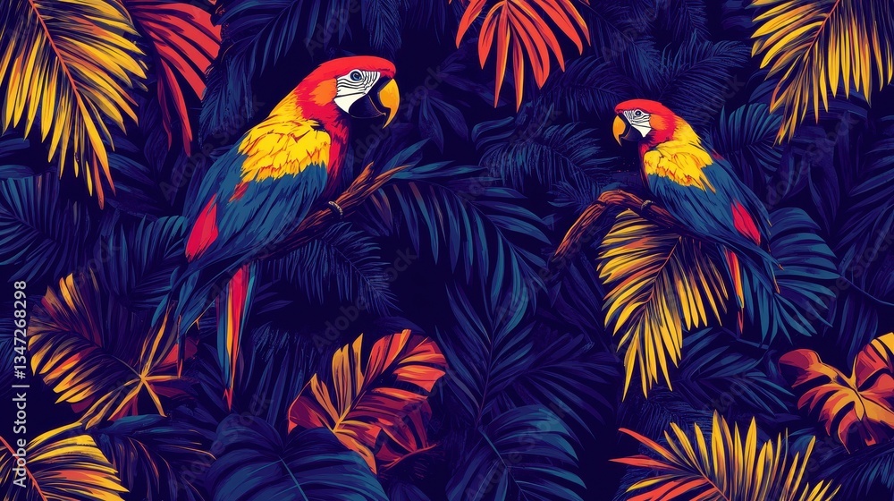 Tropical Macaws in Lush Jungle Foliage. Tropical Macaws in Lush Jungle Foliage.