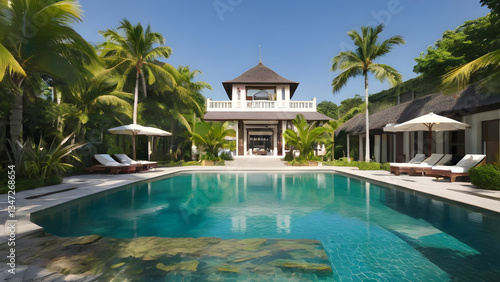 Wallpaper Mural Luxurious tropical villa reflecting in swimming pool water Torontodigital.ca