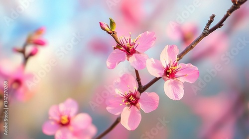 Delicate Peach Blossoms Blooming on Thin Branch Against Soft Background