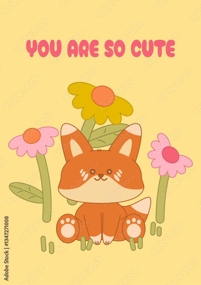 Fototapeta premium Greeting card with cute little fox and flowers. Charming chibi fox in kawaii style. Concept for minimalistic postcards, posters, banners. Vector illustration