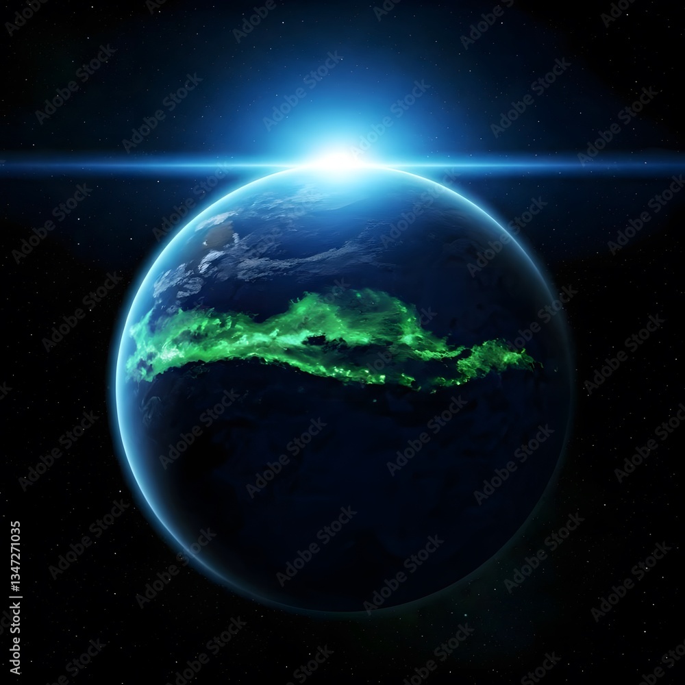 Fototapeta premium A deep blue planet with glowing light green oceans, orbiting a bright blue star in a galaxy full of stars, Ai Generated