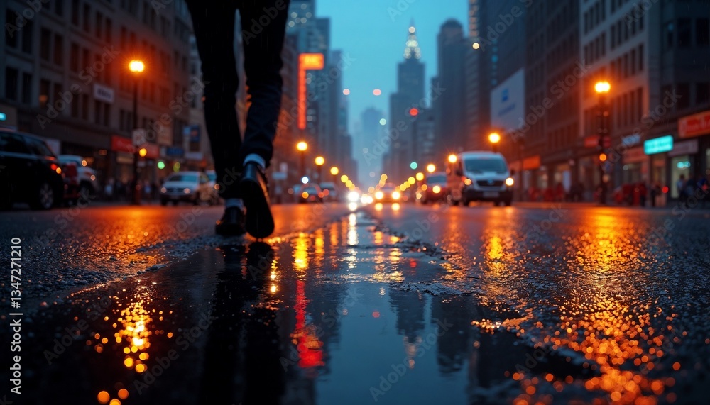 Man walking in city on a rainy evening, creating reflections on wet pavement