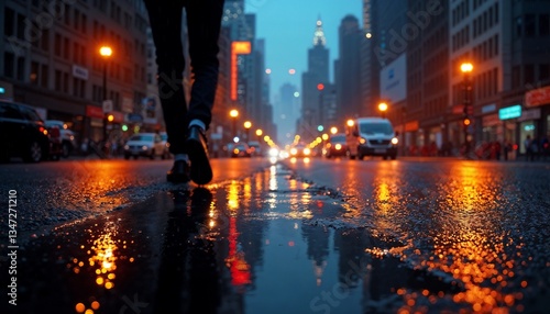 Obraz na płótnie Man walking in city on a rainy evening, creating reflections on wet pavement
w salonie