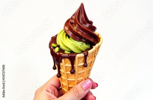 Dubai Chocolate Ice Cream, pistachio ice cream with tahini, kataifi and chocolate chips, with Dubai chocolate flavoured syrup and pistachios in a waffle cone