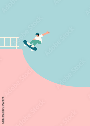 A skateboarder performs an aerial trick above a ramp
