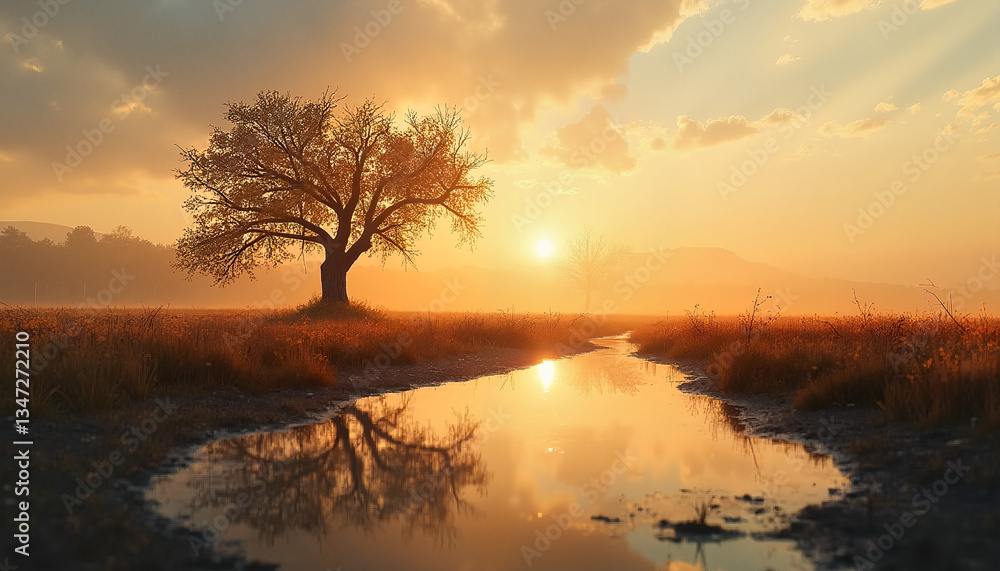 Majestic tree at sunset reflected in a calm water stream with golden light