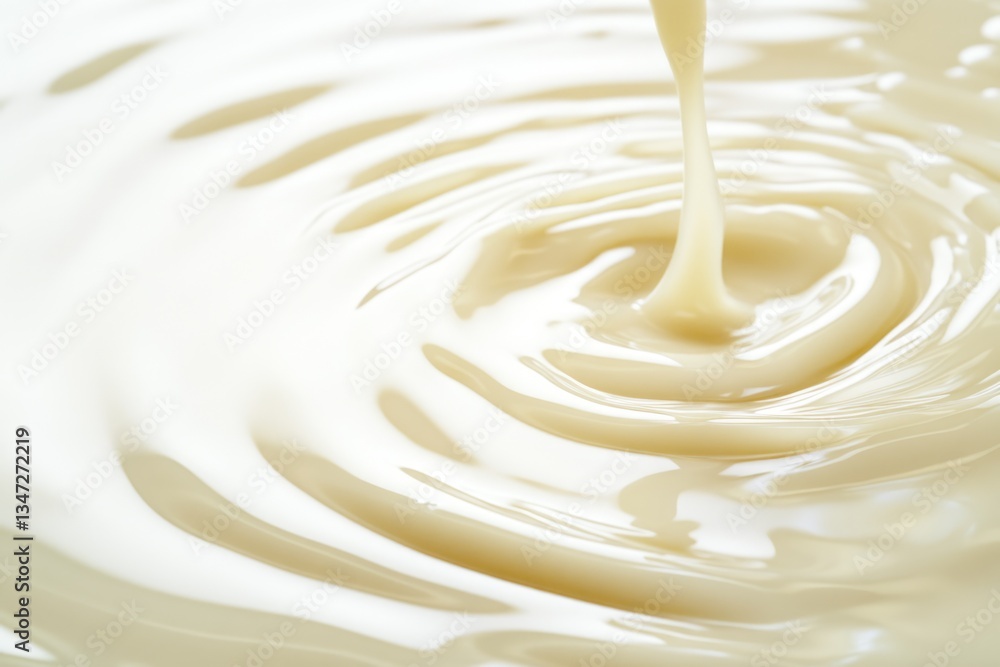 Creamy liquid pouring, creating swirling patterns and texture. Creamy liquid pouring, creating swirling patterns and texture.