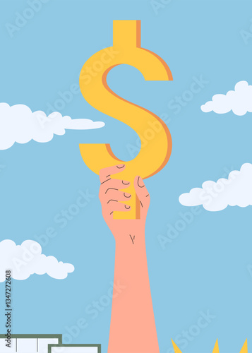 A hand firmly grasps a large dollar sign against the sky, symbolizing financial power and ambition