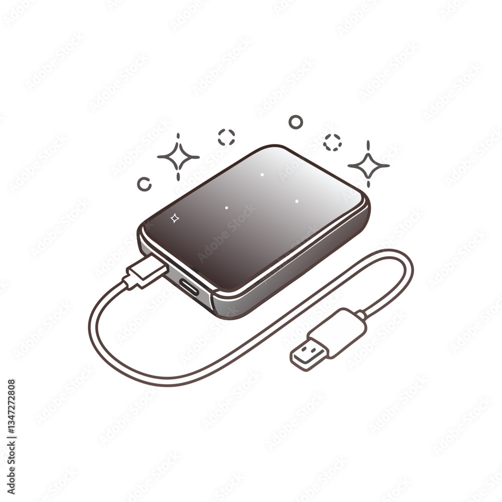 Portable power bank vector in minimal line art style, featuring a connected USB cable and decorative sparkles for a modern tech look. Portable power bank vector in minimal line art style, featuring a connected USB cable and decorative sparkles for a modern tech look.