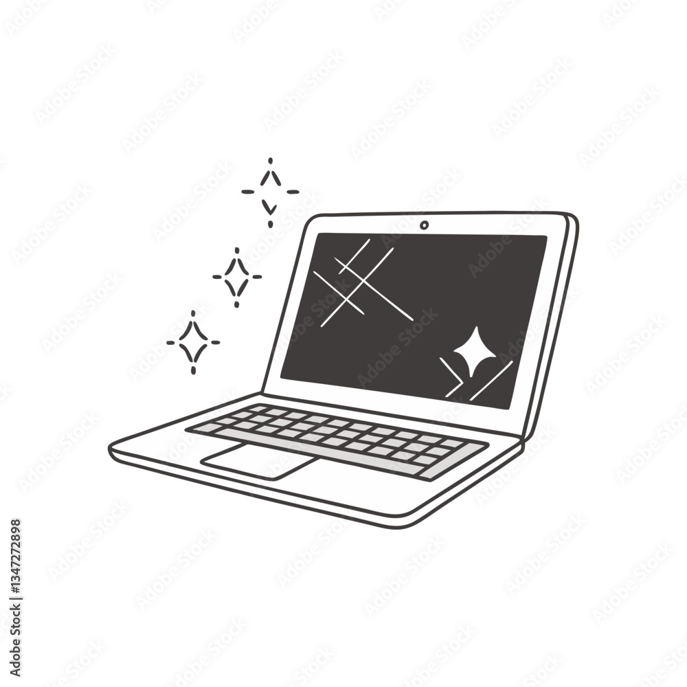 Laptop vector in minimal line art style, featuring a sleek open design with decorative sparkles for a clean and modern look. Laptop vector in minimal line art style, featuring a sleek open design with decorative sparkles for a clean and modern look.