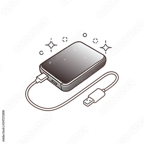 Portable power bank vector in minimal line art style, featuring a connected USB cable and decorative sparkles for a modern tech look.