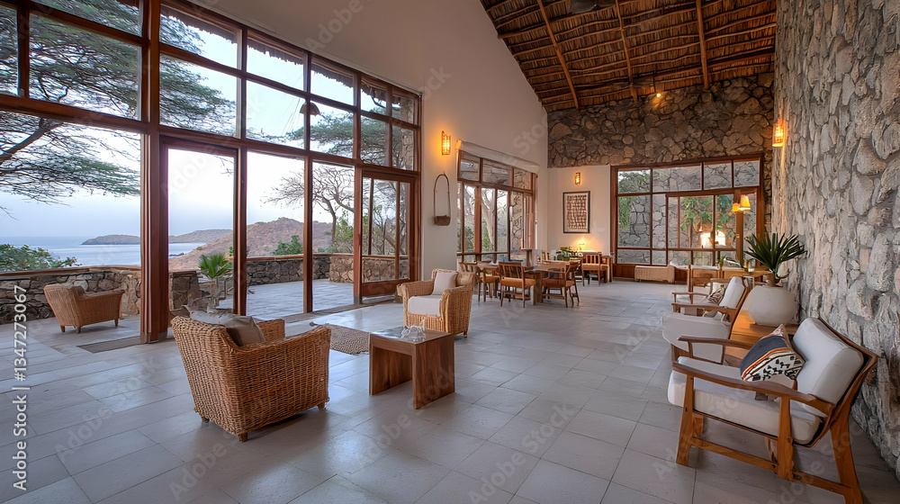 Spacious Interior Living Room with Large Windows and Scenic Panorama View in Daylight Spacious Interior Living Room with Large Windows and Scenic Panorama View in Daylight