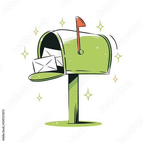 Open green mailbox vector with raised red flag, featuring envelopes inside and decorative sparkles for a fresh and modern look.