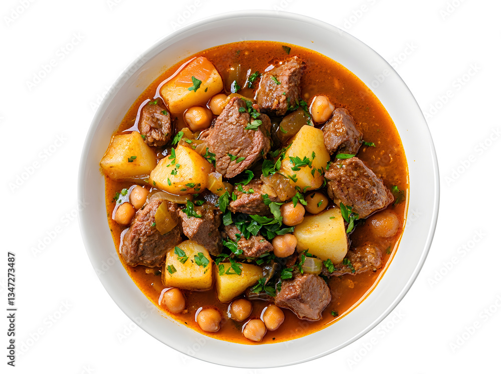 Beef and chickpea stew with potatoes isolated on transparent white background, clipping path, pen tool.