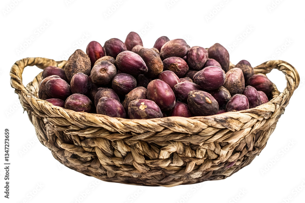 Obraz premium Cocoa beans in woven basket isolated on transparent background
