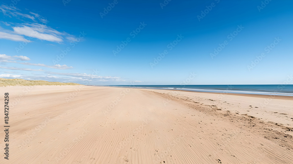 Expansive Sandy Beach Underneath A Clear Blue Sky With Gentle Waves Meeting The Shoreline Expansive Sandy Beach Underneath A Clear Blue Sky With Gentle Waves Meeting The Shoreline