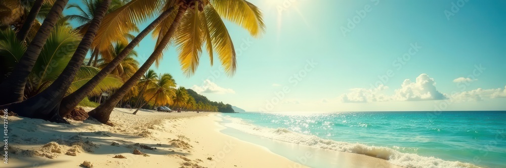 Fototapeta premium Sun-drenched beach, palm trees, vintage film grain, coast, palm leaves