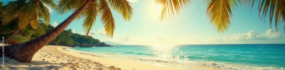 Fototapeta premium Sun-drenched beach, vintage film grain, palm trees sway, photography, holiday, sea
