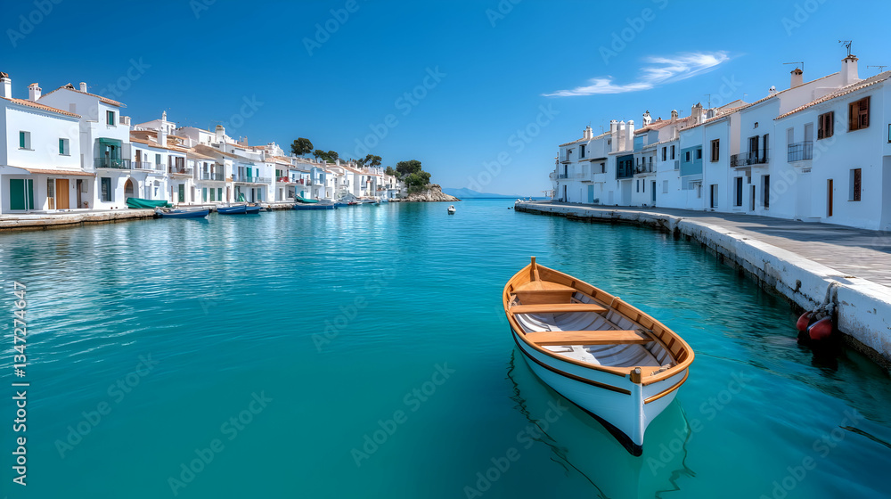 Whitewashed Mediterranean Village with Small Boat on Turquoise Water