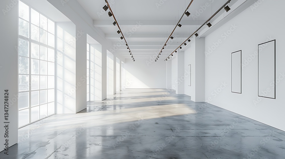 A modern interior with empty white walls and concrete flooring, ideal for art exhibition or gallery space, with bright lighting. 3D Rendering A modern interior with empty white walls and concrete flooring, ideal for art exhibition or gallery space, with bright lighting. 3D Rendering