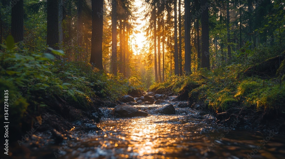 Obraz premium Sunlit forest creek path at golden hour