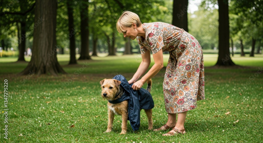 Woman dressing her dog in a park surrounded by trees and greenery Woman dressing her dog in a park surrounded by trees and greenery