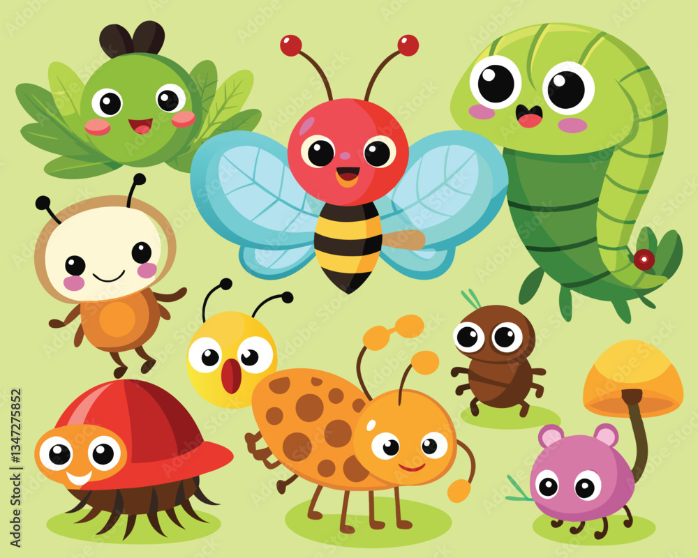 Obraz premium Cute Cartoon Insects Illustration. Adorable Bug Characters
