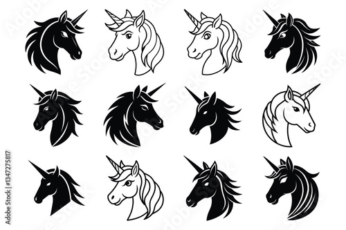  Set of unicorn head line art, silhouette vector icon illustration on white background.