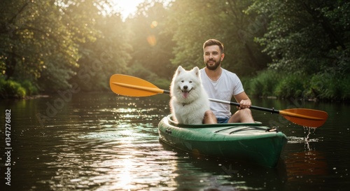 Man kayaking with a dog in a serene river surrounded by lush greenery