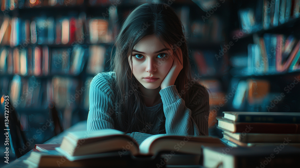 Young woman reading a book in a library surrounded by bookshelves and studying Young woman reading a book in a library surrounded by bookshelves and studying