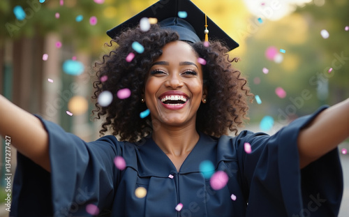 Wallpaper Mural Joyful young black woman with curly hair in graduation gown celebrating with confetti Torontodigital.ca