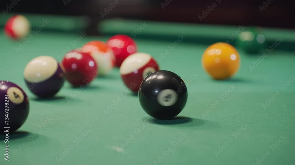 Close-up of hand rolling black billiard ball on green pool table, surrounded by vibrant colorful balls. Focus on motion, precision, and dynamics of gameplay as ball moves across smooth felt surface Close-up of hand rolling black billiard ball on green pool table, surrounded by vibrant colorful balls. Focus on motion, precision, and dynamics of gameplay as ball moves across smooth felt surface
