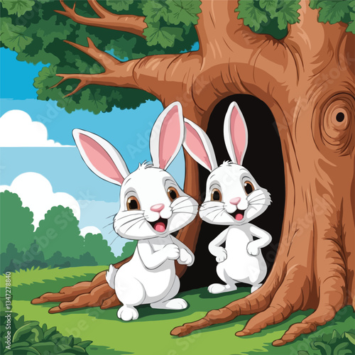  Two Playful Gray Rabbits at the Base of a Large Hollow Tree with Green Foliage