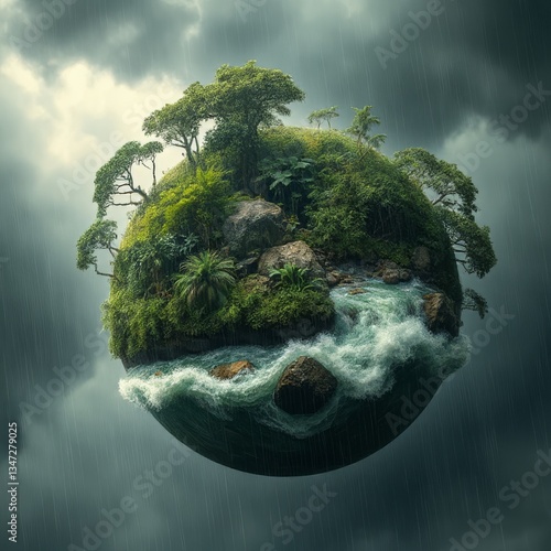 TROPICAL FLOATING LANDSCAPE WITH WATERFALLS AND RAINDROPS