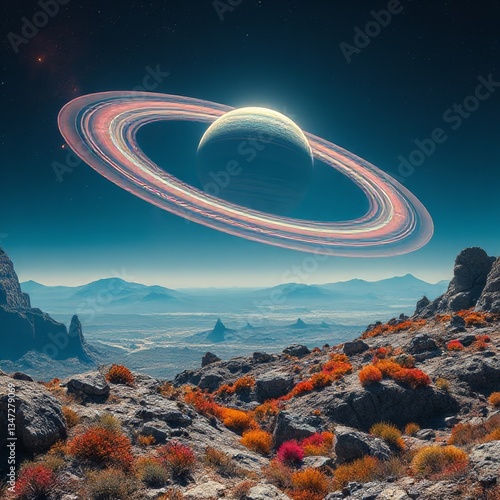 VAST ALIEN WORLD UNDER A STUNNING RINGED PLANET – GENERATIVE SCI-FI ART