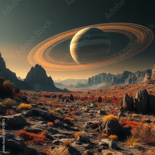 VAST EXOPLANET LANDSCAPE UNDER A RINGED GAS GIANT – DIGITAL ART MASTERPIECE