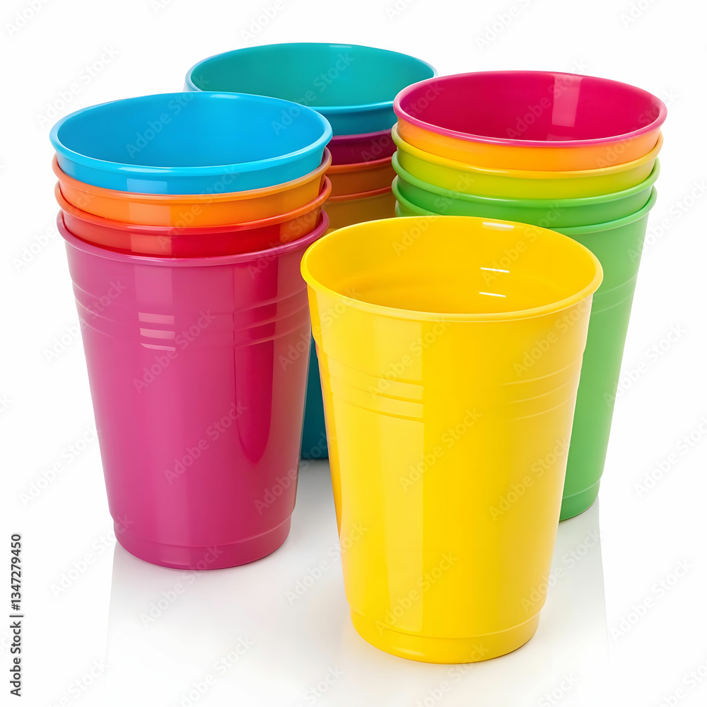 A set of colorful plastic cups isolated on a white background, designed for kids. A set of colorful plastic cups isolated on a white background, designed for kids.