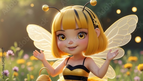 YOUNG BEE GIRL WITH YELLOW HAIR AND WINGS SMILING IN A FLOWER FILLED GARDEN – A GENERATIVE ARTWORK