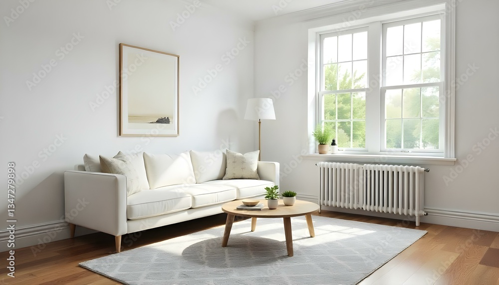 Fototapeta premium A living room with white walls, two windows , a white couch, a wooden table, and a patterned rug on a wooden floor