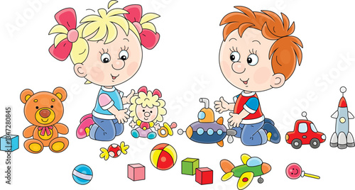 Happy little boy and girl playing merrily with funny small colorful toys scattered on the floor in their playroom, vector cartoon illustration on a white background