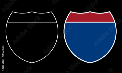 set of two highway shield icons, featuring an outline and a red-blue filled version. Ideal for traffic signs, road maps, navigation, and transportation design.