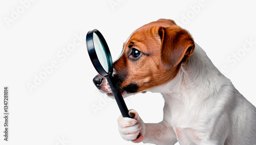 Portrait of funny jack russell dog holding magnifying glass.