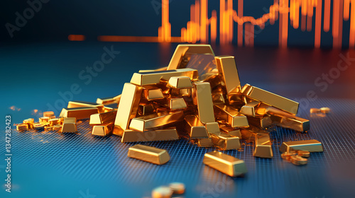 Golden Bars on Blue Grid with Abstract Background