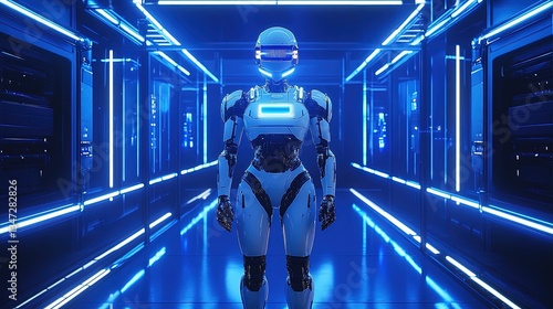A humanoid robot standing in a futuristic lab, sophisticated design, blue neon lighting, photorealistic 