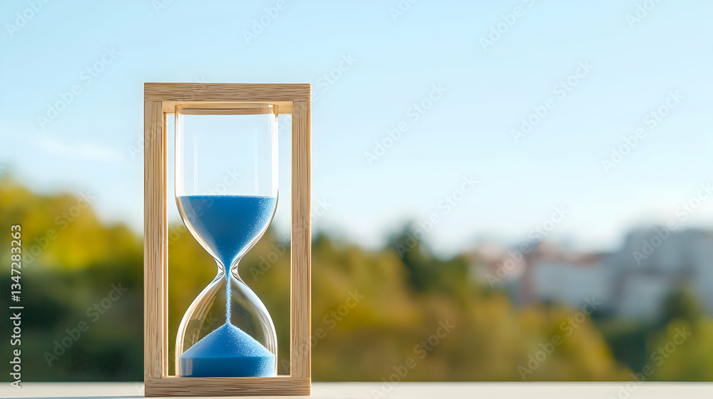 Fototapeta premium Wooden Hourglass With Blue Sand Against Out Door Scenery