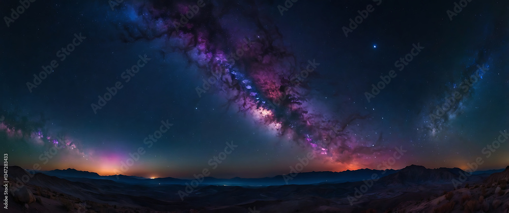 Fototapeta premium A breathtaking night sky panorama filled with countless twinkling stars over a majestic mountain range. The Milky Way stretches across the sky in a stunning arc, its vibrant purple, blue, and pink hue