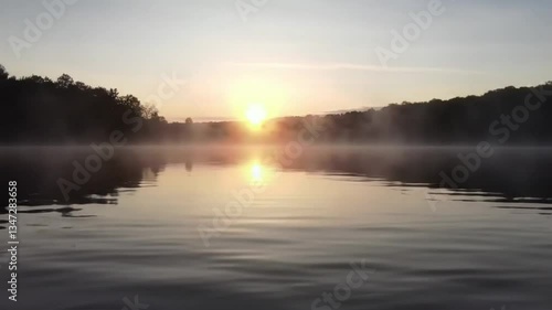 Wallpaper Mural A Breathtaking Sunrise Illuminates the Tranquil Lake, Which is Enveloped in a Gentle Mist and Nestled Among Lush Trees Near the Riverside Torontodigital.ca