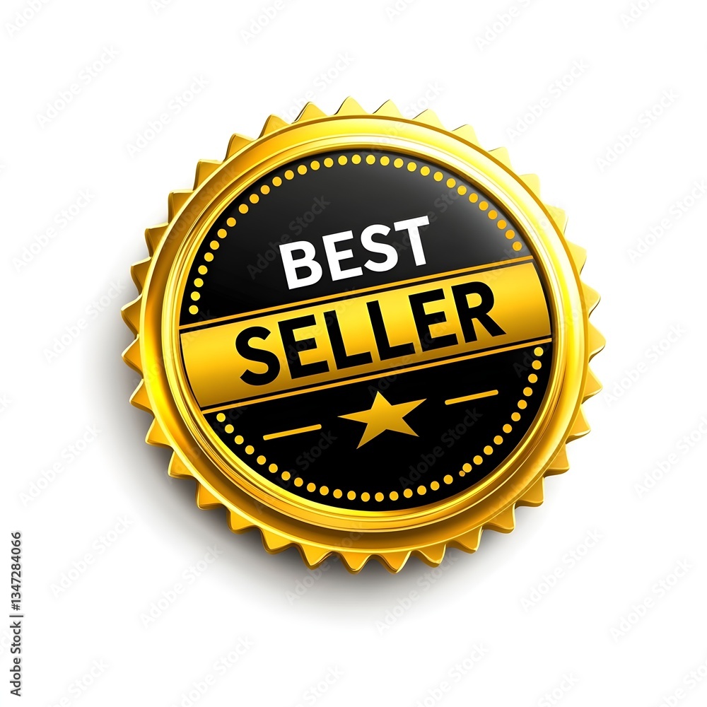 Fototapeta premium Gold Bestseller Award: A captivating golden badge proclaiming 'Best Seller' signifies top-tier quality and a mark of distinction, perfect for highlighting exceptional products or services.