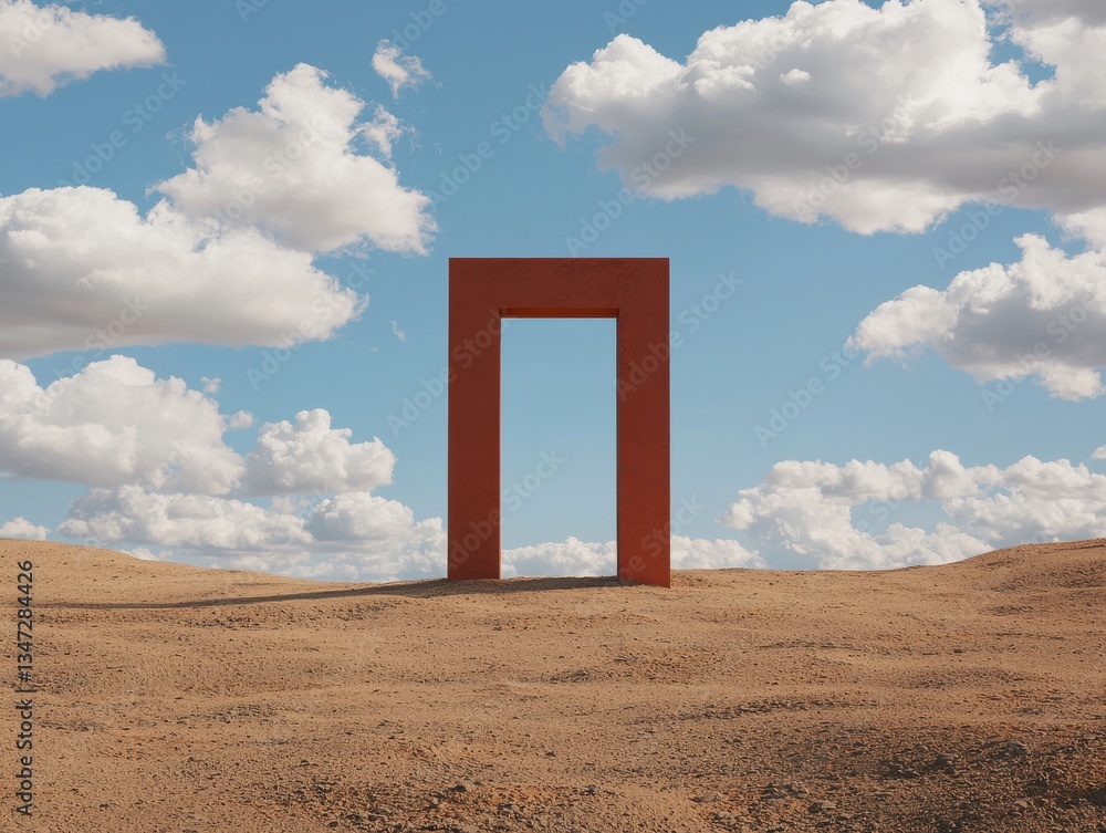 Open Door to the Sky: Minimalist Red Frame in Desert Landscape with Cloudy Blue Sky Open Door to the Sky: Minimalist Red Frame in Desert Landscape with Cloudy Blue Sky